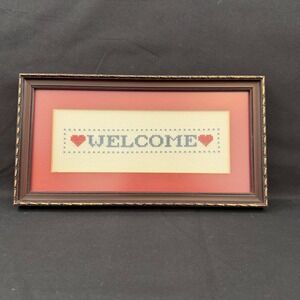 Vintage Framed Cross Stitch Welcome Hearts Country Core Farmhouse Wall Decor